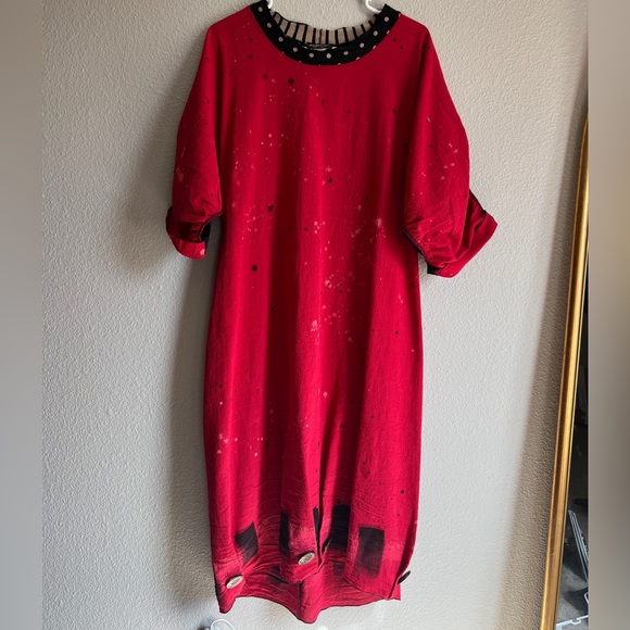 Vintage Lee Andersen Maxi Red Splatter Painted Black Polka Dot and Stripe Dress - Picture 1 of 8
